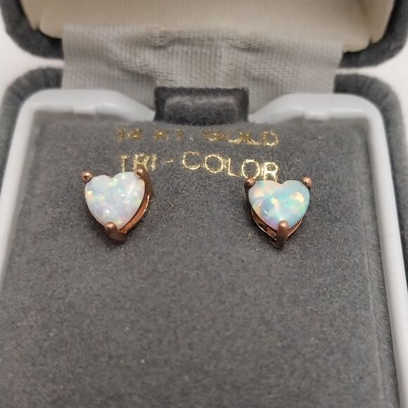 Vintage Heart Shaped Fire Opal Earrings Gold Studs #J048 - Picture 4 of 14